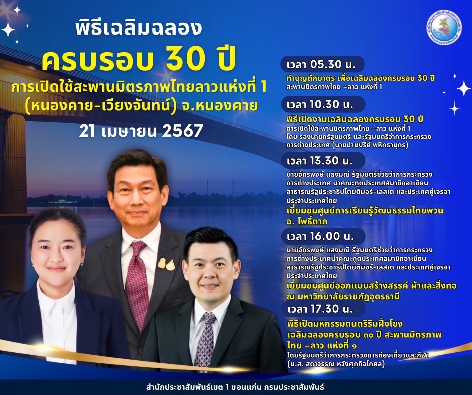 นายปานปรีย์ พหิทธานุชกร รองนายกรัฐมนตรีและรัฐมนตรีว่าการกระทรวงการต่างประเทศ เดินทางไปร่วมพิธีเฉลิมฉลองครบรอบ 30 ปี การเปิดใช้สะพานมิตรภาพไทยลาวแห่งที่ 1 (หนองคาย-เวียงจันทร์) ในฐานะผู้แทนนายกรัฐมนตรี ที่จังหวัดหนองคาย ในวันที่ 21 เมษายน 2567 โดยกำหนดการประกอบด้วย